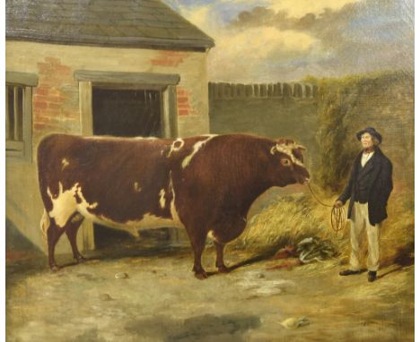 R**G**Brown (19th century) - Prize bull with a farmer standing nearby, signed and dated 1850, oil on canvas, 20" x 24"