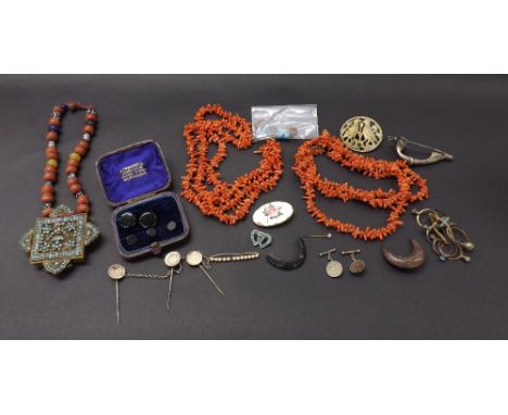 Assorted jewellery to include two coral necklets, piqué work crescent brooch, Norwegian silver enamel brooch, Eastern jewelle