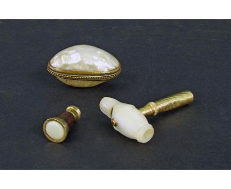 Miniature yellow metal and mother of pearl whistle/corkscrew with a screw cover, indistinct stamped marks, 2.25" long; togeth