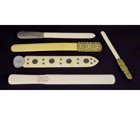 Paper knives/letter openers - five various ivory examples, four with silver and brass applied handles, late 19th/early 20th c