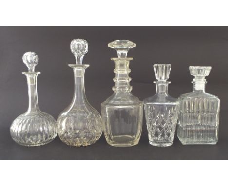 19th century triple ring neck decanter and stopper, 12" high; together with four other glass decanters and stoppers (5)