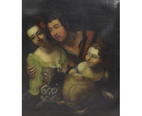 Circle of Thomas Beach (18th century) - Portrait group, a lady, male figure holding a shotgun, and a young child and lamb ben