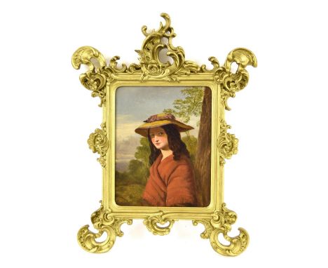 Follower of James Collinson (19th century) - Portrait of a country girl, oil on canvas, 10" x 8" (shaped corners) **Contained