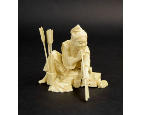 Japanese ivory okimono modelled as an arrowsmith in a kneeling position holding an arrow surrounded by his tools and three lo