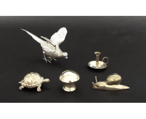 Cast silver model of a pheasant, maker LAG, London 1975, 6" long, 4.2oz; together with other silver hallmarked miniatures to 