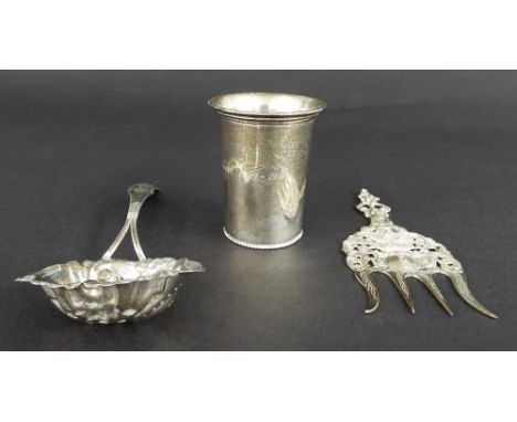 Dutch silver beaker with a beaded base rim, with inscription, hallmarks for 1910, 3.25" high, 3.2oz approx; together with a f