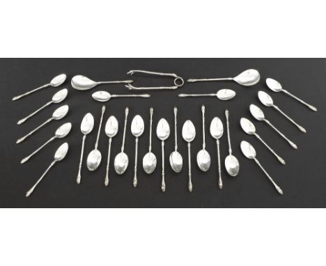 Suite of Dutch silver teaspoons comprising two sets of twelve spoons, two caddy spoons and a pair of tongs, 7.6oz approx (27)