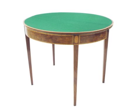 Regency flame mahogany foldover demi-lune card table, the top crossbanded with satinwood enclosing a baize lined interior, th
