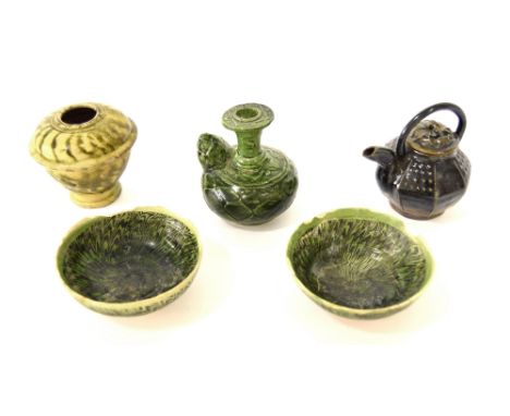 Three interesting miniature Chinese ceramic vessels and a pair of bowls, 3.5" diameter (5)