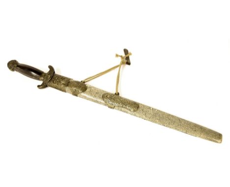 Interesting Chinese double sword, with shagreen style brass bound scabbard and faux tortoiseshell handle, 24.75" long overall