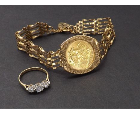 9ct gate bracelet set with a half sovereign; also a 9ct ring, 12.1gm (2)