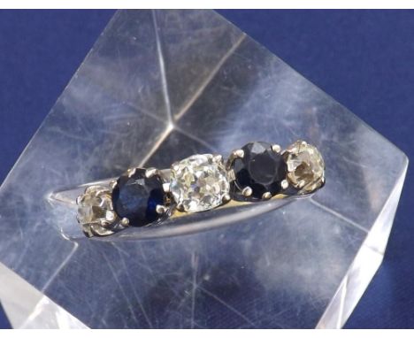 18ct sapphire and diamond five stone ring, with three old-cut diamonds, estimated 0.81 approx, clarity VS/SI, colour H/I, rin