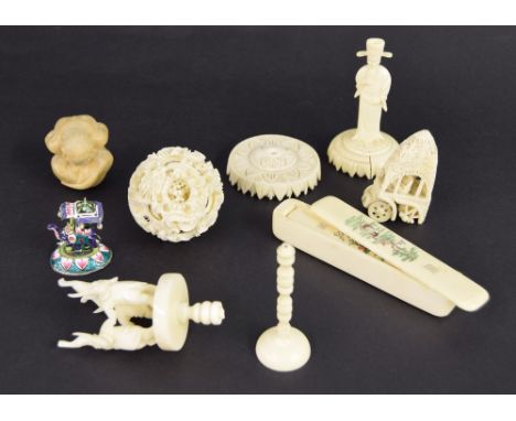 Small selection of assorted Oriental objects, including ivory, circular Canton concentric carved ivory ball, wooden carving a