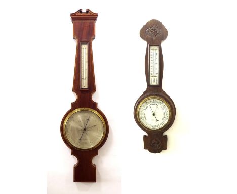 Mahogany two glass barometer signed Negretti and Zambra, the 8" dial within a shaped case with boxwood inlaid border; togethe