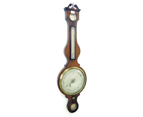 Mahogany four glass banjo barometer signed Dixey, London, the principal 10" silvered dial within a shaped case inlaid with bo