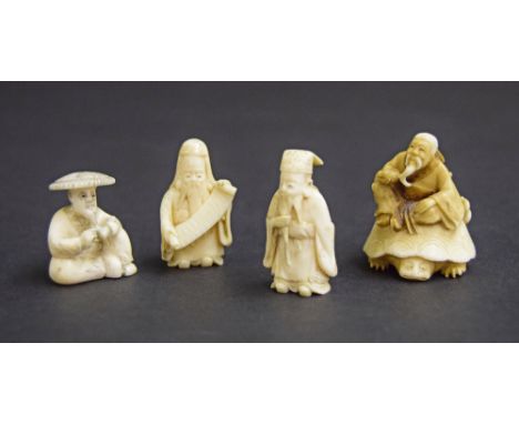 Three miniature Japanese ivory okimono of gentlemen, Meiji period, 1.5" high approx; also a netsuke modelled with two figures