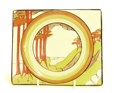 Clarice Cliff 'Coral Firs' Bizarre Biarritz side plate, 7" wide