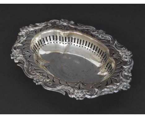 Late Victorian oval silver pierced trinket dish with floral scroll border, maker William Hutton & Sons Limited, London 1898, 