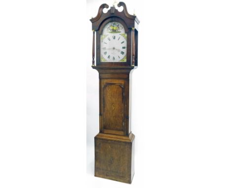 Oak and mahogany crossbanded thirty hour longcase clock, the 13" painted arched dial signed George Stacey, Worksop, the case 