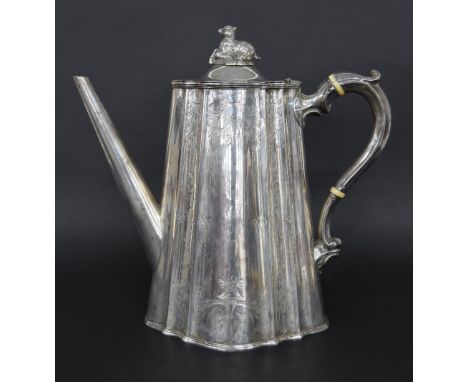 Victorian silver coffee pot of tapering fluted form with engraved foliate decoration, the hinged cover with a sheep finial, m