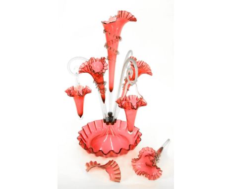Victorian cranberry glass epergne, with pinch trail decoration, 22" high (at fault)