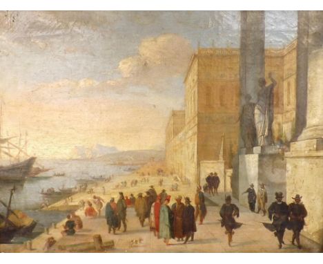 Continental School (19th century) - Courtiers and other figures beside Classical buildings in a port, with boats anchored nea