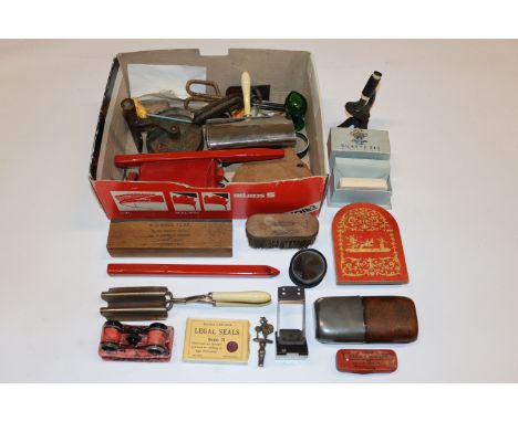 A box of vintage items to include crumb brush, microscope, scales, weights, wax sealing items, a pair of opera glasses, hip f