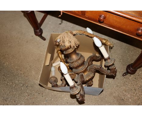 A gilt wood five light chandelier and a twin branch wall light 