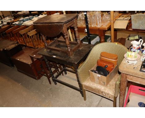 An oak side table on bobbin supports and an oak drop leaf coffee table; and a loom style chair 