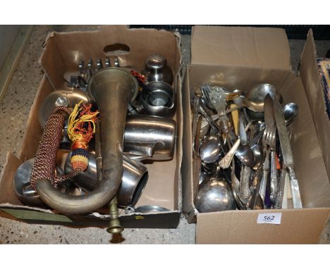 A brass bugle; a quantity of stainless steel tea ware; plated cutlery etc.