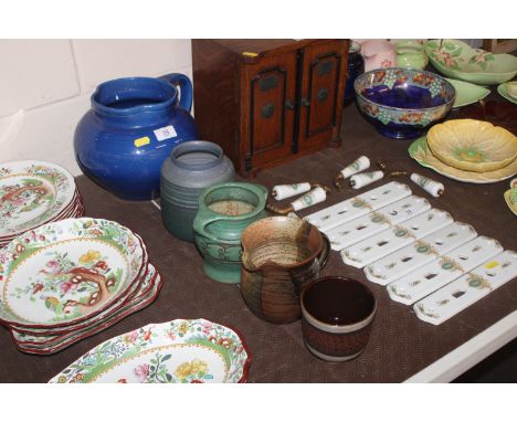 A C.H. Brannam of Barnstaple blue pottery jug; a Denby ware baluster vase; a Studio pottery jug and mug etc.