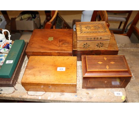 A 19th Century mahogany and inlaid tea caddy and three other trinket boxes