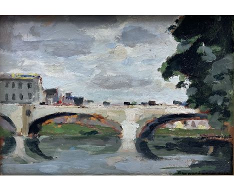 Bernard Lamotte  (French 1903-1983): City Bridge, oil on panel signed, dated 1950 verso 23cm x 33cm