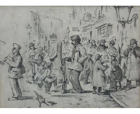 Edward Tennyson Reed (British 1860-1933): The Hurdy Gurdy Man and Followers, pencil sketch unsigned 16.5cm x 22cm
