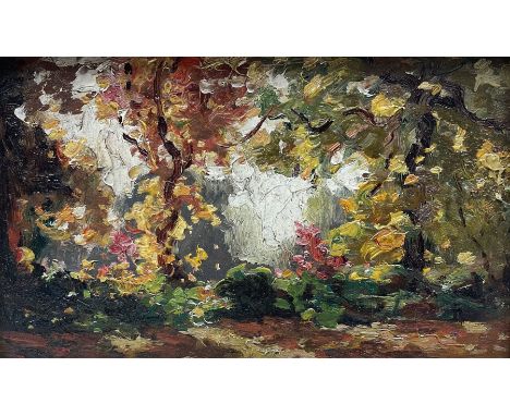 Attrib. James W Ferguson (Scottish 1916-1963): Wooded Garden, oil on panel unsigned, pencil sketch verso 12cm x 20cmProvenanc