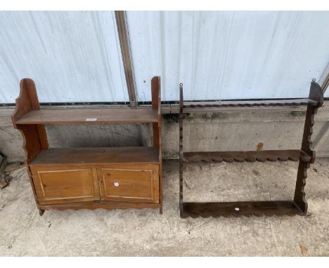 A VICTORIAN TWO DOOR WALL CABINET/SHELF AND SET OF OAK THREE TIER WALL SHELVES 