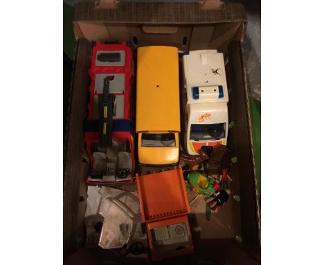 A PLAYMOBIL BUS, FIRE ENGINE, AMBULANCE AND DUMPER TRUCK PLUS FIGURES 