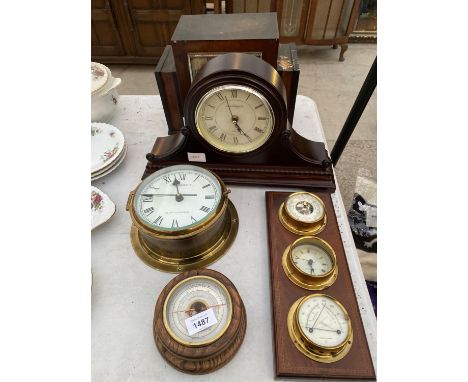 AN ASSORTMENT OF VARIOUS CLOCKS AND BEROMATERS TO INCLUDE A SHIPS CLOCK AND TWO MANTLE CLOCKS ETC 