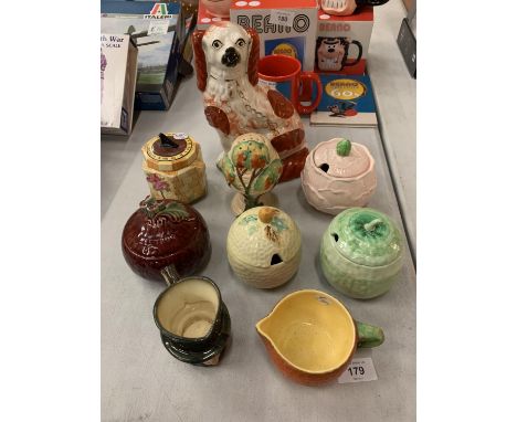 A STAFFORDSHIRE STYLE SPANIEL, PRESERVE POTS TO INCLUDE SHELLEY AND CARLTONWARE 