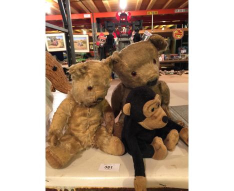 TWO VINTAGE TEDDY BEARS AND A MONKEY 