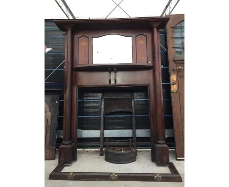 AN ART NOUVEAU MAHOGANY MIRRORED FIRE SURROUND COMPLETE WITH COPPER INSERT AND KERB, 60" WIDE 