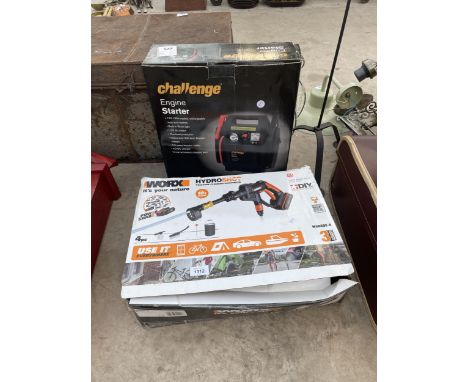 A WORX HYDROSHOT PRESSURE WASHER AND A CHALLENGE ENGINE STARTER 