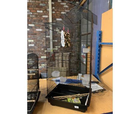 A LARGE PET CAGE WITH BOWLS, A LADDER AND A HANGING POUCH IN CLEAN CONDITION 