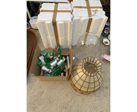 A TIFFANY STYLE LIGHT SHADE, A GLASS DOME LIGHT SHADE AND VARIOUS LIGHT FITTING PARTS 