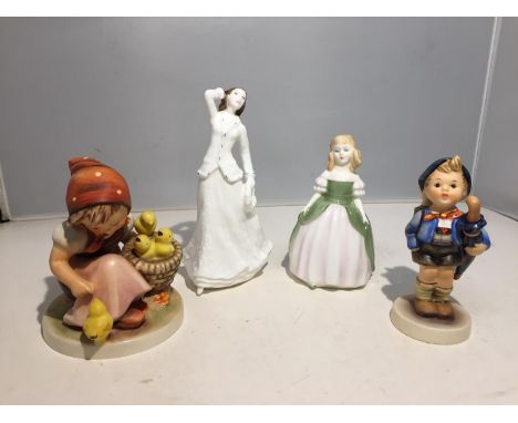 A ROYAL DOULTON SENTIMENTS 'CHRISTMAS GARLAND', SMALL ROYAL DOULTON 'PENNY' AND TWO GOEBEL STYLE GERMAN FIGURES 