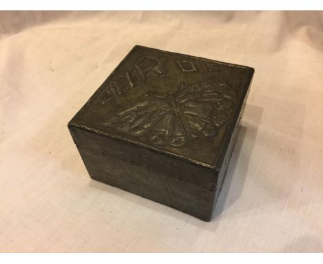 A PEWTER CARD BOX WITH BUTTERFLY DECORATION TO INCLUDE PLAYING CARDS 