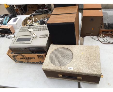AN ASSORTMENT OF ITEMS TO INCLUDE TWO SPEAKERS, A RECORD PLAYER AND A PANASONIC VHS PLAYER 