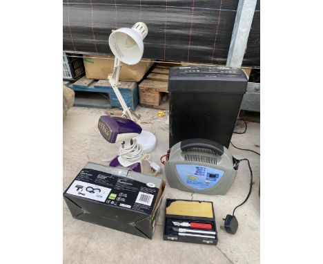 AN ASSORTMENT OF ITEMS TO INCLUDE AN ANGLE POISE LAMP, A PAPER SHREDDER AND SECURITY LIGHT ETC 