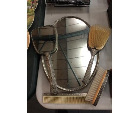 A REGENT OF LONDON MIRRORED TRAY WITH BRUSHES, A COMB AND A HAND HELD MIRROR 