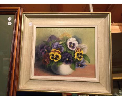 A FRAMED PICTURE OF PANSIES IN A VASE SIGNED K WILD 